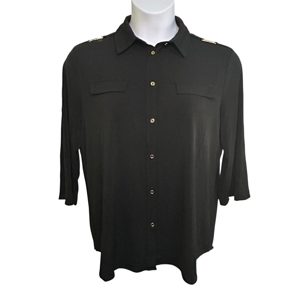 NWT Grace Women’s Button Up Blouse Black Gold 3/4 Sleeves Casual Party Sz Large